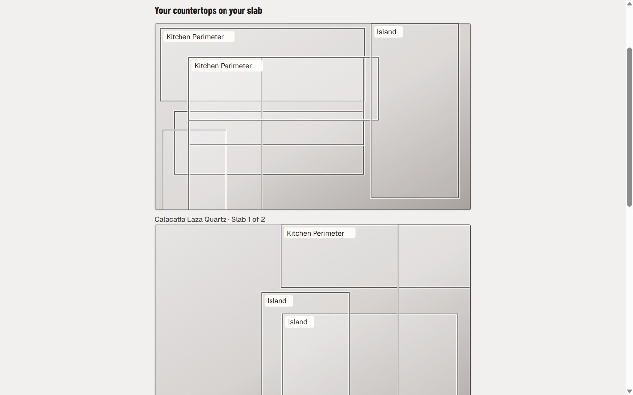 Screenshot of a countertop quote with measured slab layouts